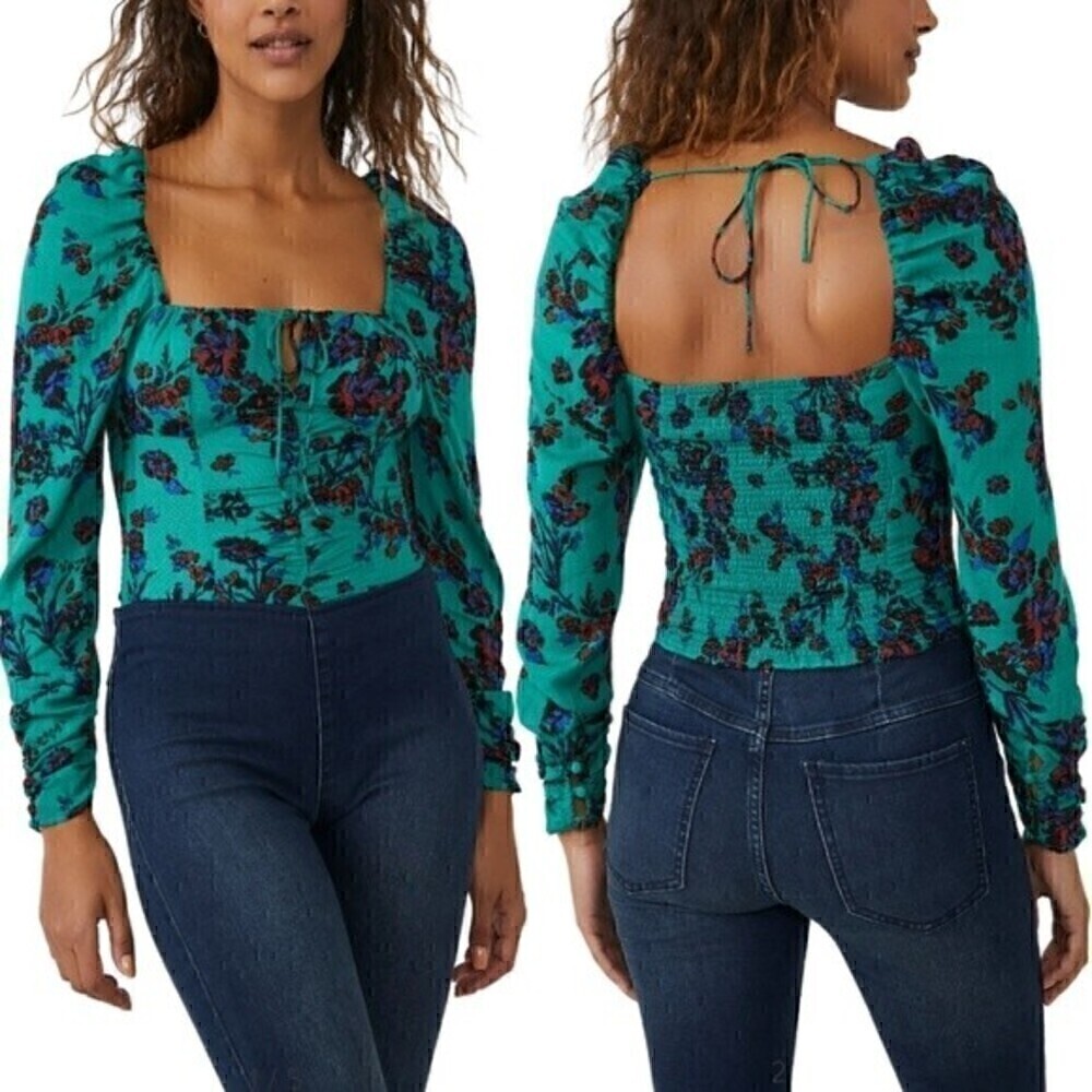 New! Free People Hilary Print Keyhole Neck Green Combo Floral Smock Corset Top